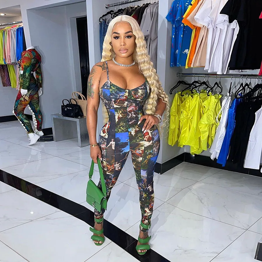 

Kliou K21Q03098 Printed Spaghetti Sleeveless Legging One Piece Jumpsuit Women 2021