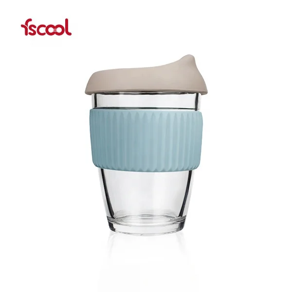 

8oz Custom LOGO Cork Sleeve Anti-slip Heat Resistant Reusable Glass Coffee Cup With Silicone Lid, Multicolor
