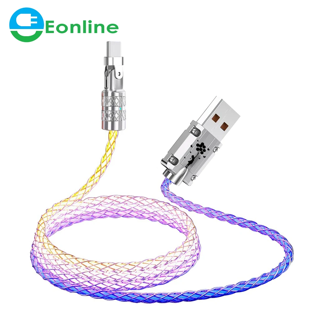 

EONLINE 3D RGB Glowing 180 Rotation 6A 120W Super Fast Charge Cable USB To Type C MicroUSB Flow Cool Colorful Streamer Charger
