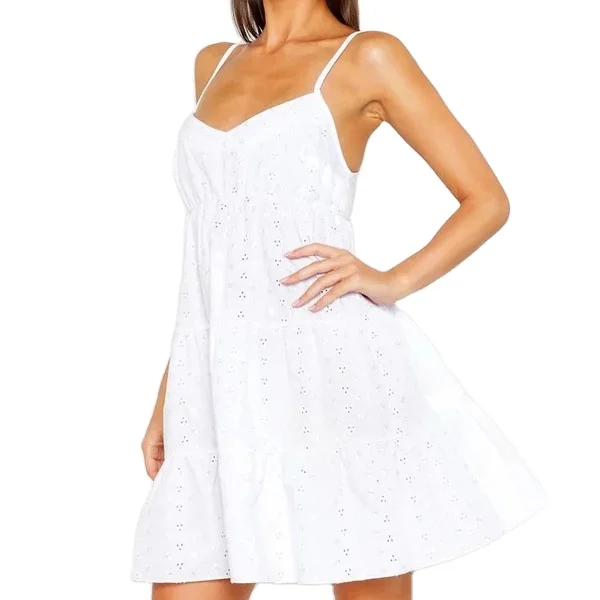 

Clothes Women White Cotton Boho Strappy Smock Dress Summer With Embroidery2021, Shown