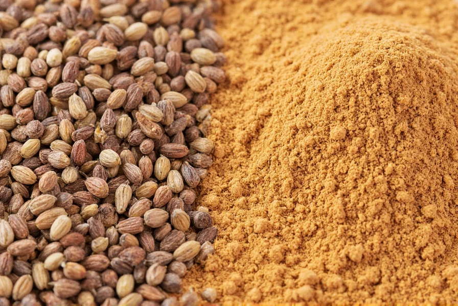 Close-up photograph of whole cumin seeds next to ground cumin powder showing texture difference