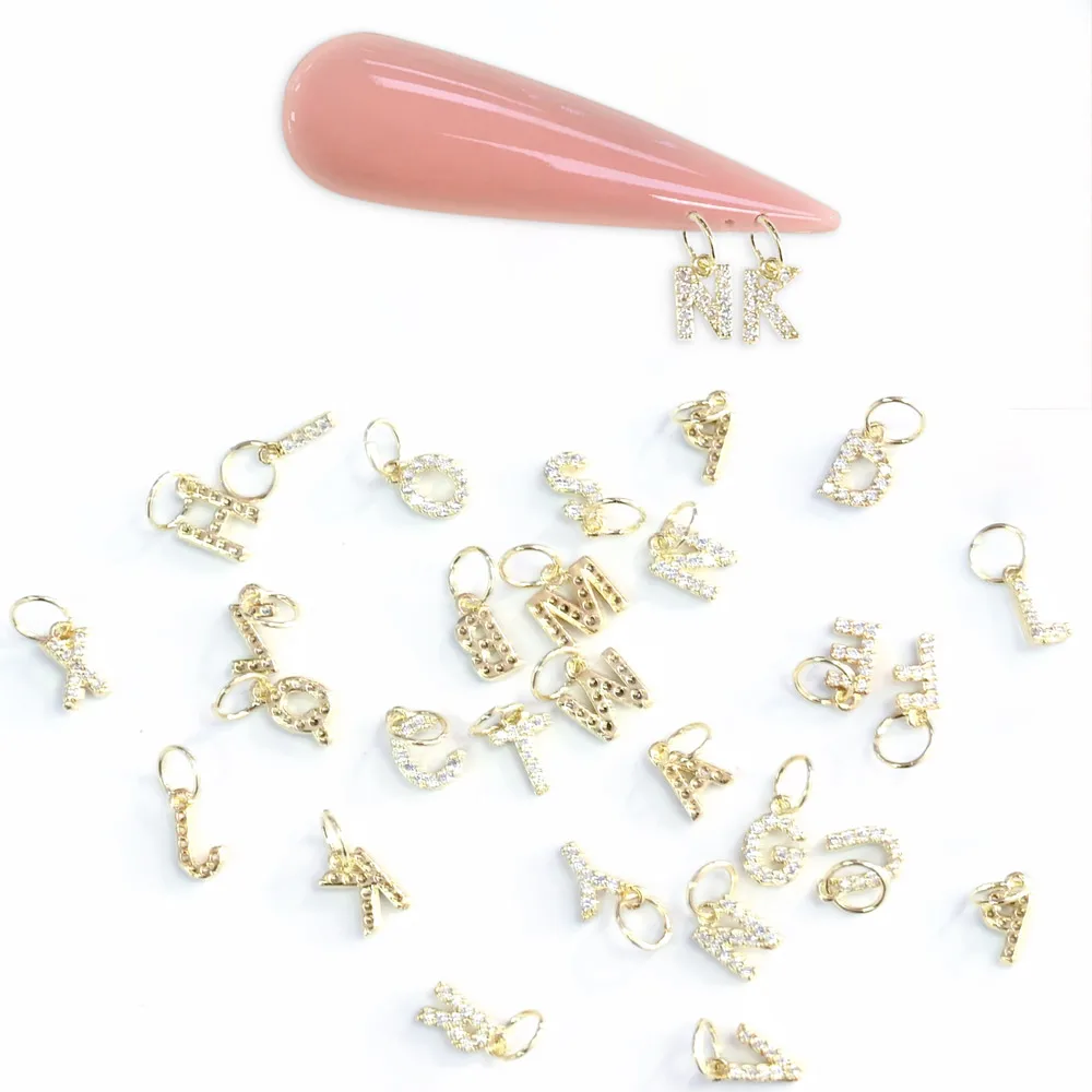 

26 pcs / Jewels set 26 Letters Zircon Nail Art Charms Pierced Dangle Letter &gold color zircon letters for nails, 2 colors