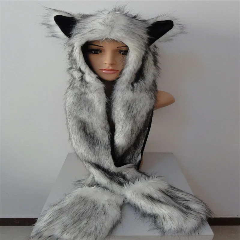 

Halloween Make Up Faux Fur Hood Animal Womens Mens Hat Ear Flaps Hand Pockets