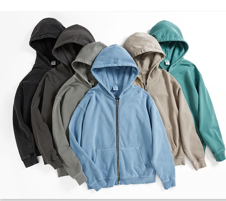 

2021 autumn washed zipper hoodies with custom logo vintage cotton zip up pullover hoodies sweatshirt men oversized zipper hoodie, Customized color
