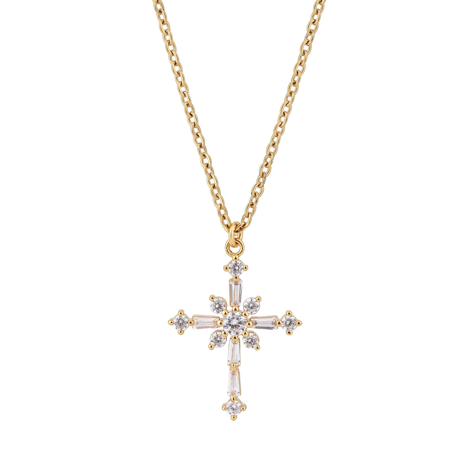 

2020 newest Cross necklace Cubic Zircon Cross Gold Color With Chain Pendant Necklace For Women elegant Jewelry, Golden