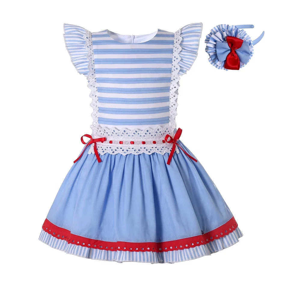 

Pettigirl Spanish Children Short Dresses for Girls Causal Kids Wear for Blue Striped Girl Mini Summer Dress Clothes 2 to 8 Years