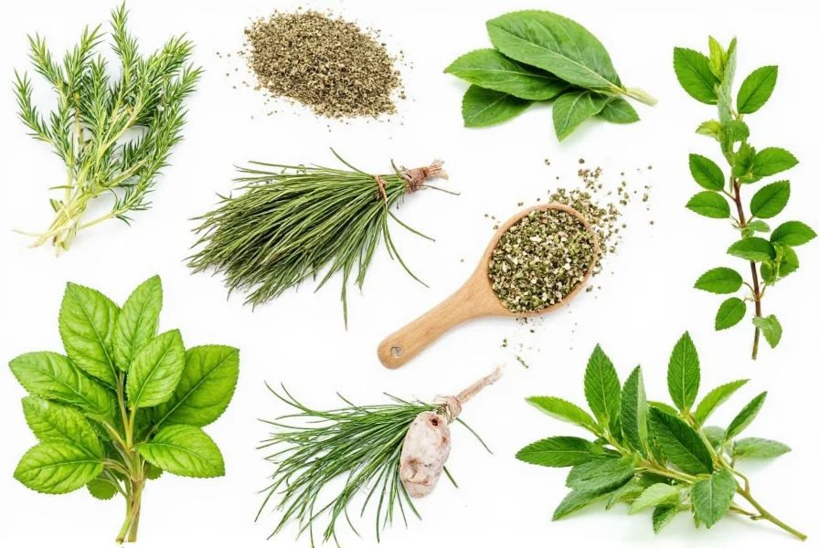 Side-by-side comparison of fresh and dried herbs in bowls