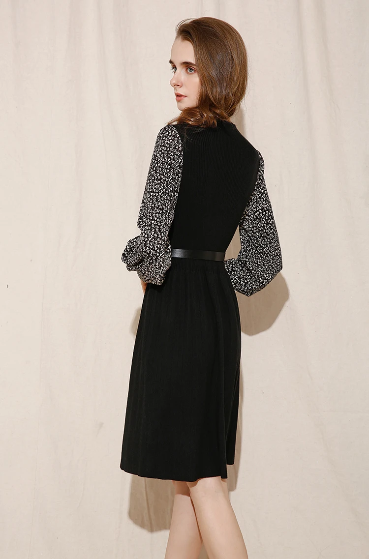 花卉拼接灯笼长袖纽扣装饰腰带腰部黑色毛衣连衣裙