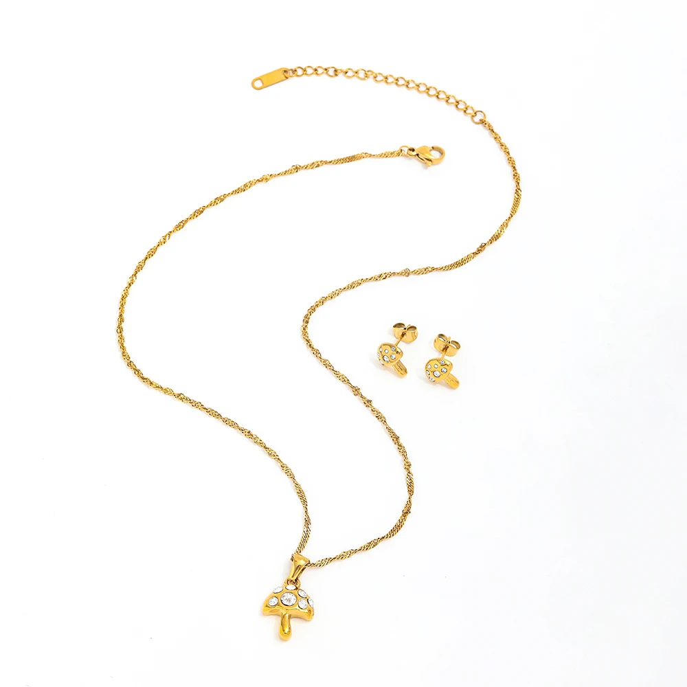 Joolim Jewelry 18K Gold Plated Waterproof Luck Mushroom Zirconia Pendant Necklace Stainless Steel Jewelry Wholesale Earring Set