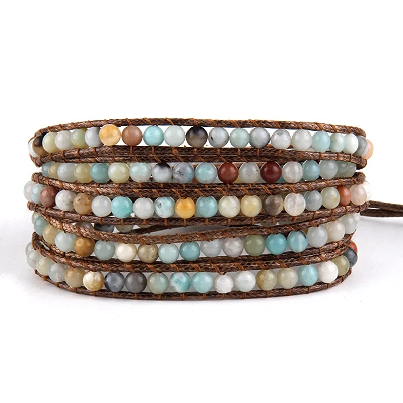 

Fashion Women Leather Bracelet Handmade 5 Strands 4mm Natural Stones Wrap Bracelets DropShippers