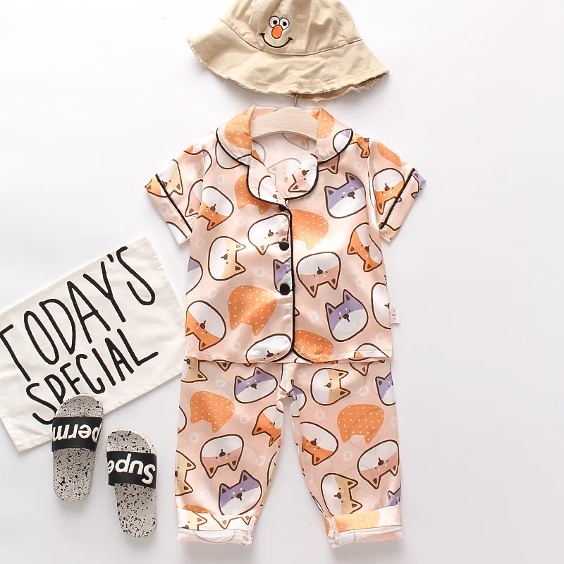 

0-3Y summer and autumn satin fabric long pants cartoon bear home clothes baby suit kids sleepwear pajamas girls sleepwear, Customized color