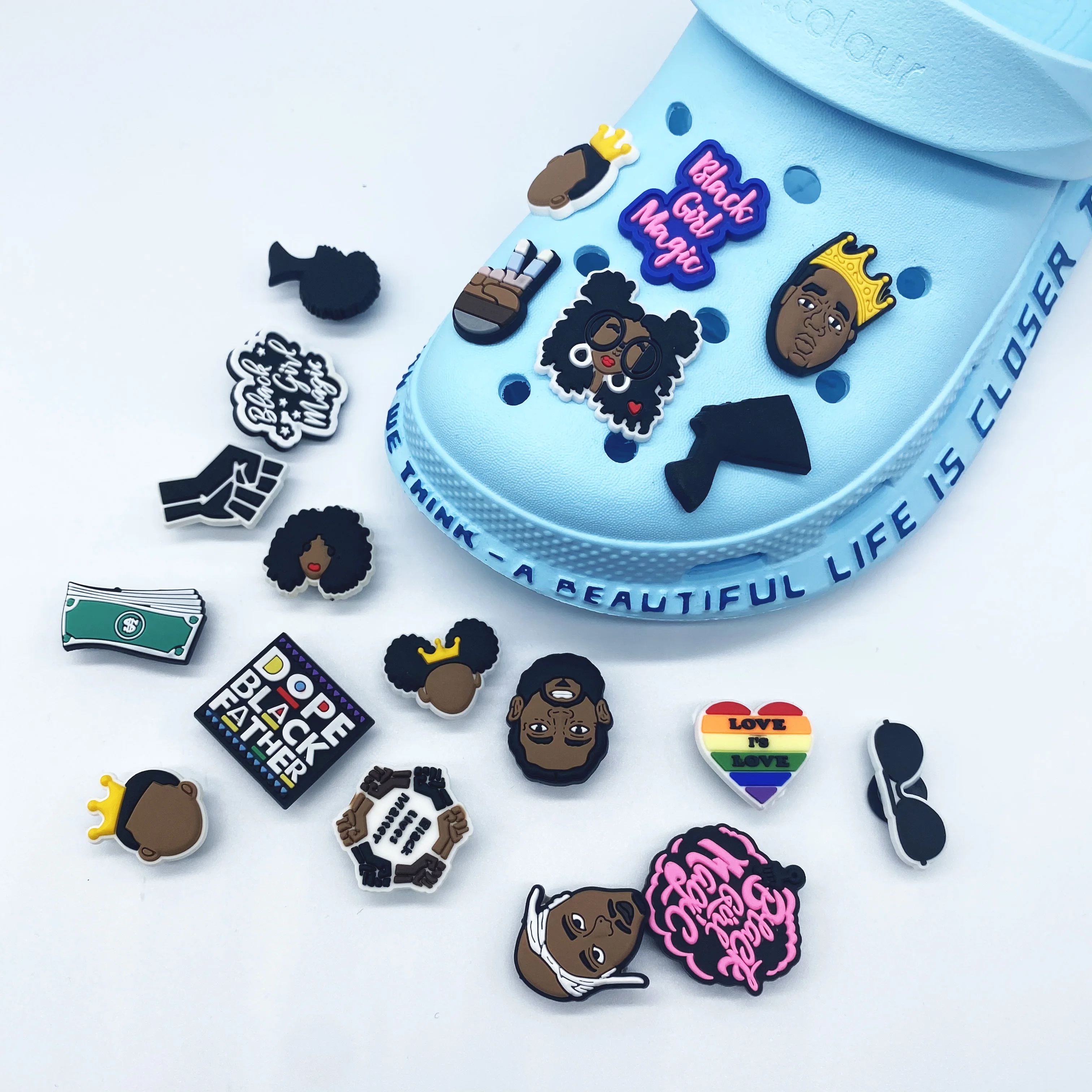 

Goods in stock black lives matter Factory whosale new style Croc shoe charms clog PVC Shoes accessories black girl magic