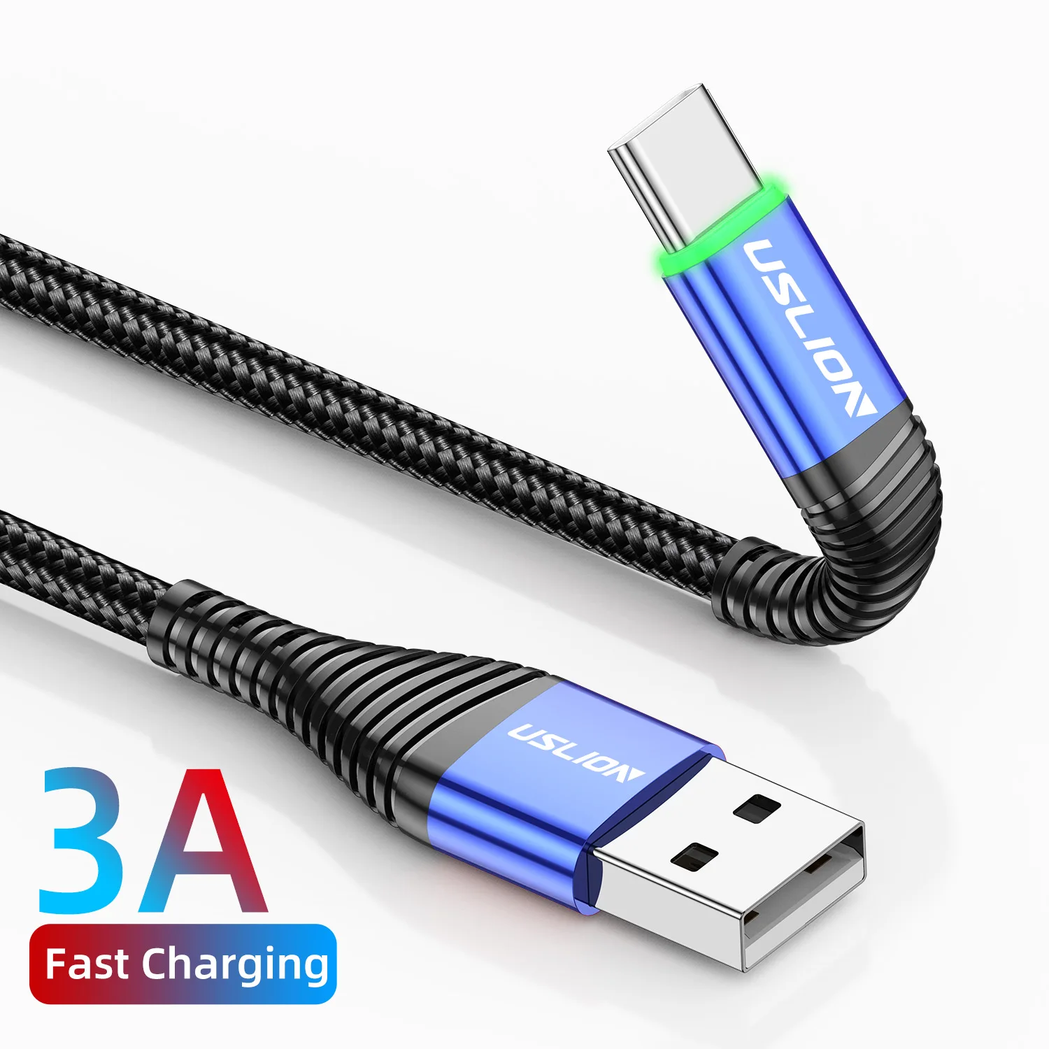 

USLION New Design Green Lighting 3A Fast Charge 0.5M Cable for Type C Data Transfer High Quality Universal USB Cable, Black, blue, purple, red