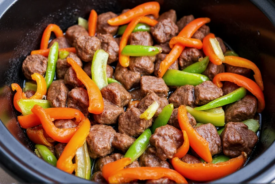 Tender beef cubes and colorful bell peppers arranged in a slow cooker with soy sauce and aromatics