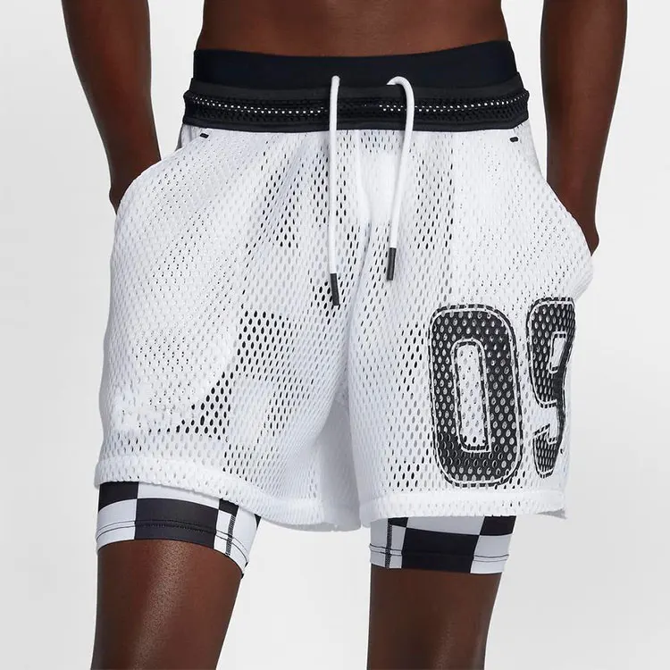 

Outdoor Fitness Double-Layered Drawstring Mesh Shorts Basketball Print for Men, As shown/cutomized