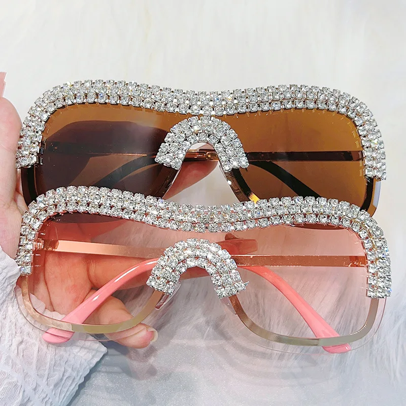 

80305 luxury rimless sunglasses women one piece lens rectangle glasses fashion eyewear bling diamond dec sun glasses oversized