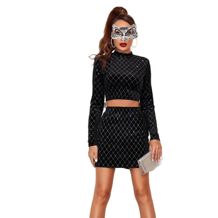 

New Velvet Rhinestone Chart Lattice Slim Fashion High Quality Long Sleeved Shirt Skirt Suit 2pc Set Club Party Suits for Women