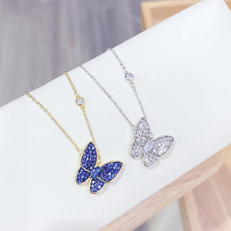 

Luxury Bling Full Diamond Butterfly Pendant Necklace Cubic Zirconia Rhinestone Crystal Butterfly Necklace, Picture color