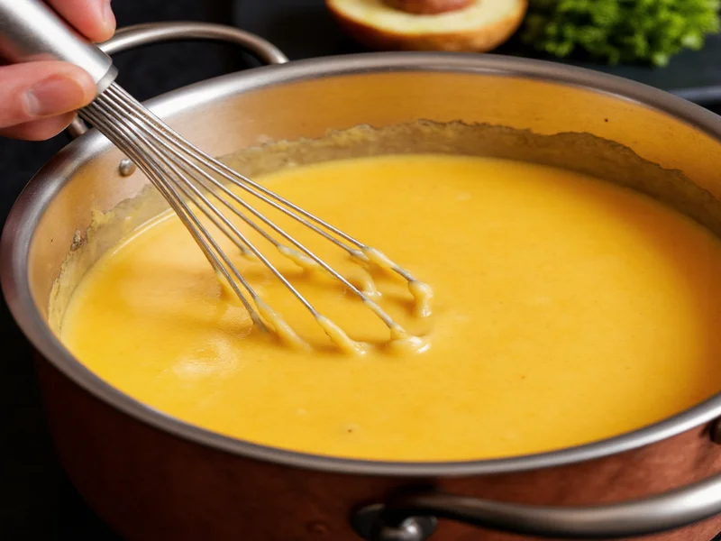 Whisking cheese sauce in copper pot for homemade mac