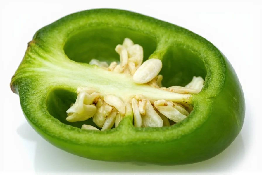 Close-up view of jalapeño pepper cross-section showing white placenta and seeds