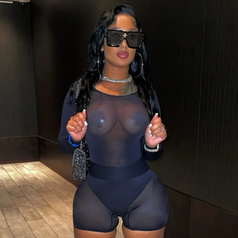 

Wholesale Mesh Bodysuit 2022 Short Two Piece See Through Bodycon Set Black Color