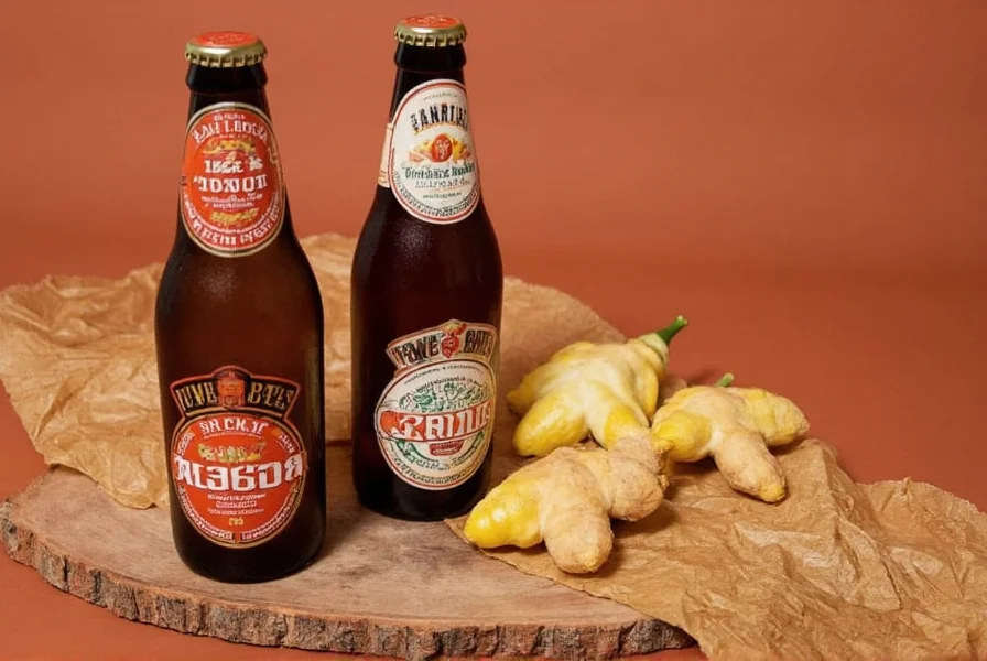 Traditional ginger beer brewing process showing ginger root, sugar, water, and fermentation vessel