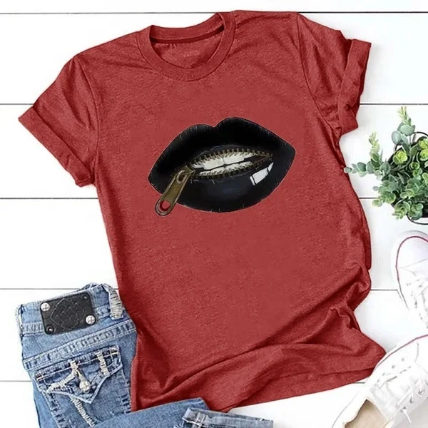 

Zipper lip print short sleeve t-shirt Plus size women's clothing