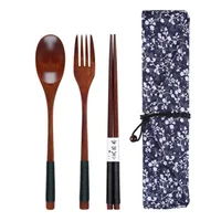 

Wooden bamboo handle outdoor Cutlery Sets Travel Dinnerware Cloth Pack Tableware