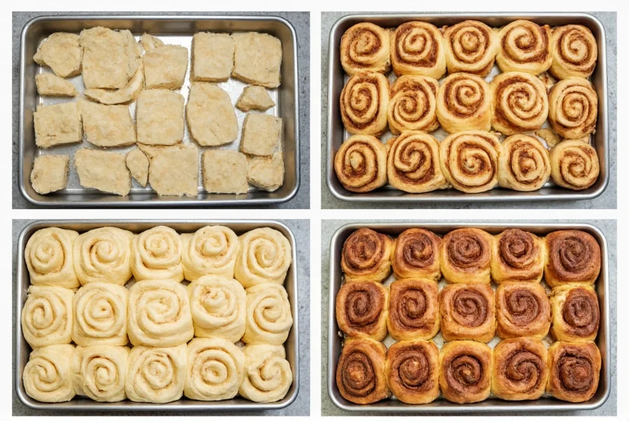 Rhodes cinnamon rolls at various preparation stages showing proper spacing in baking pan and ideal browning