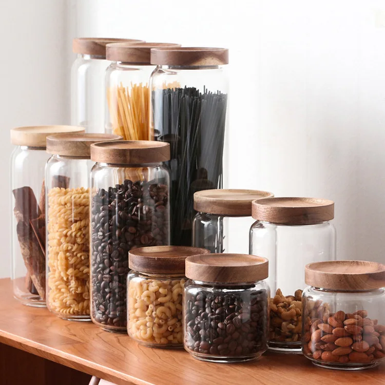 

Wholesale large glass food storage glass spice jar with clamp screw top wood lid, High transparency