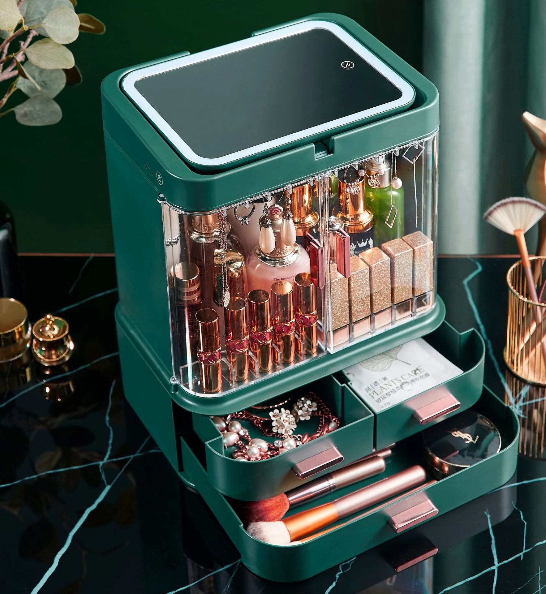 

Fully Open Waterproof Lid makeup organizer with mirror Cosmetic Storage Box makeup holder and organizer, White/pink