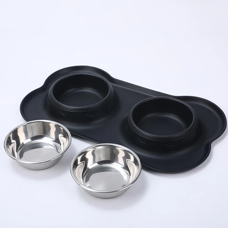 

Hot Sellling Travel Stainless Steel Double Bowl with Non-slip placemat