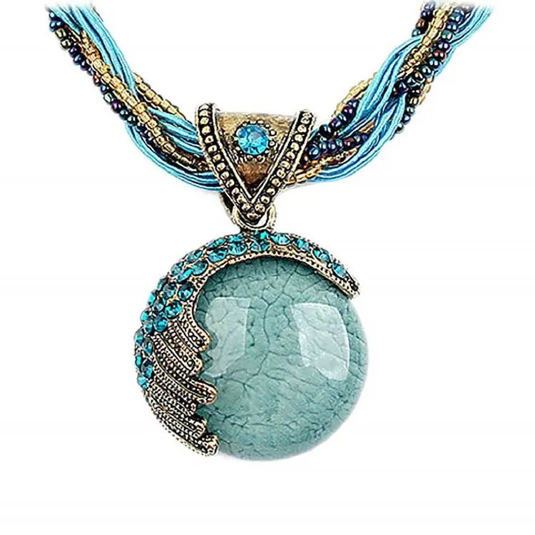 

Women Lady Retro Vintage Bohemian Style Turquoise Rhinestone Pendant Collar Chain Necklace Fashion Jewelry