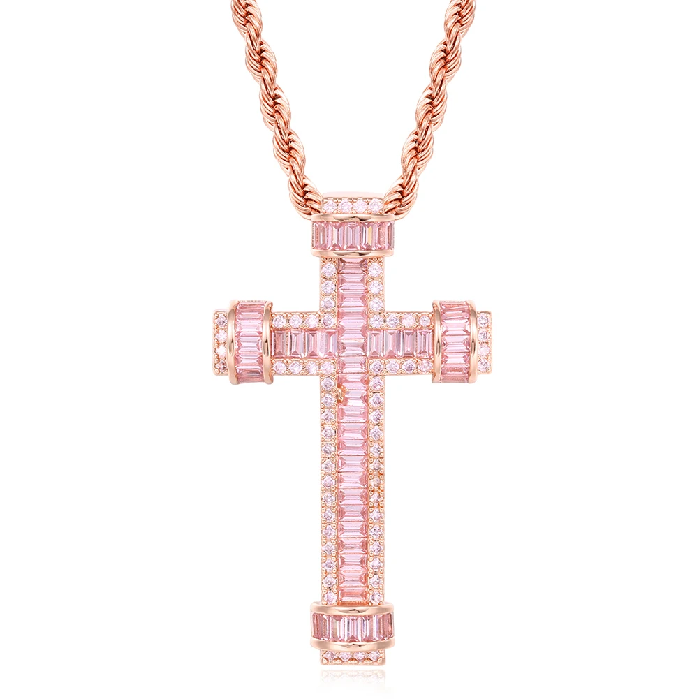 

New Fashion Women Men's Pink Baguette Cross Pendant Necklace Rock Party Jewelry