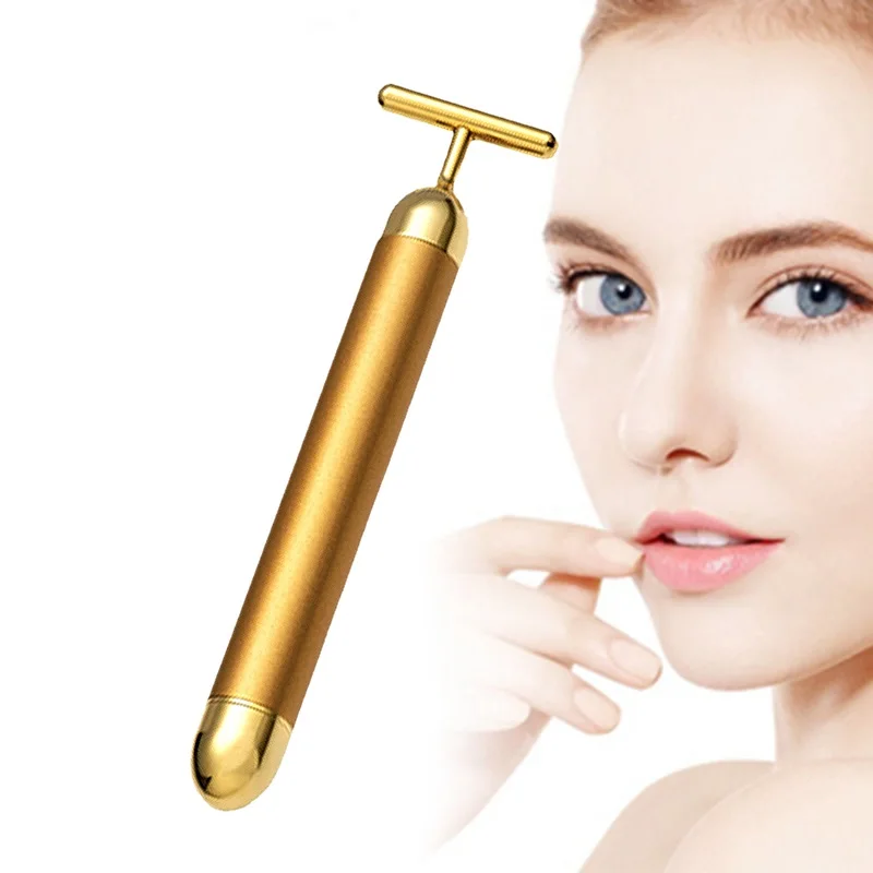 

T Shape Energy Micro Vibrating Facial Roller Beauty Bar 24k Golden Pulse Facial Massager for Face Lifting, Gold