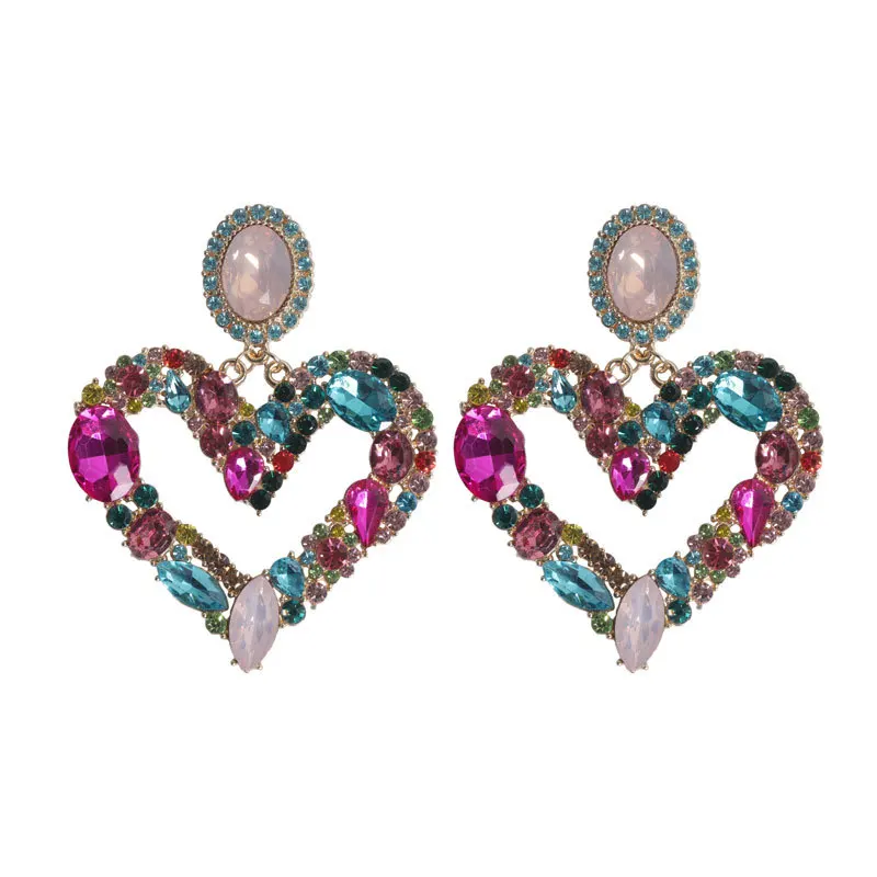 

American Fashion Jewelry Geometric Rhinestone CZ Earrings Colorful Crystal Large Heart Pendant Earring Women