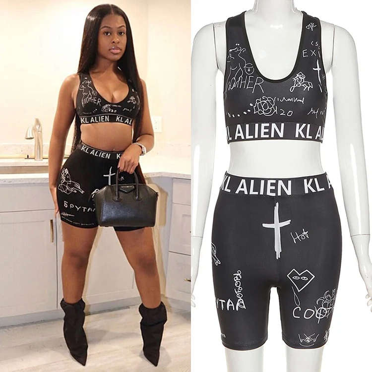 

Wholesale 2021 Summer Sleeveless Shorts And Top Fashion Sleeveless Printed Women Two Piece Outfits Sport Wear 2 Pieces Set