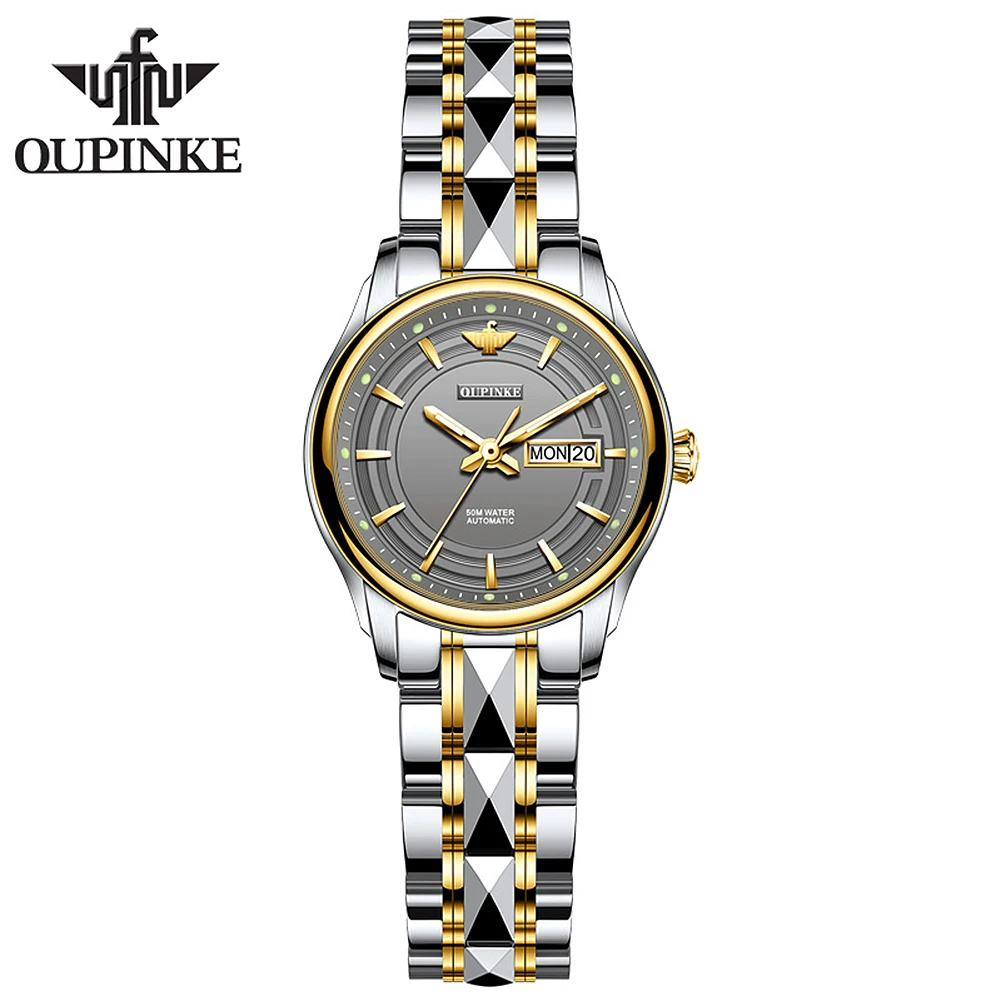 

OUPINKE Women's Embellished Luxury Japanese Mechanical Movement Tungsten Steel Luminous Date Elegant Simple Gold Ladies Watch