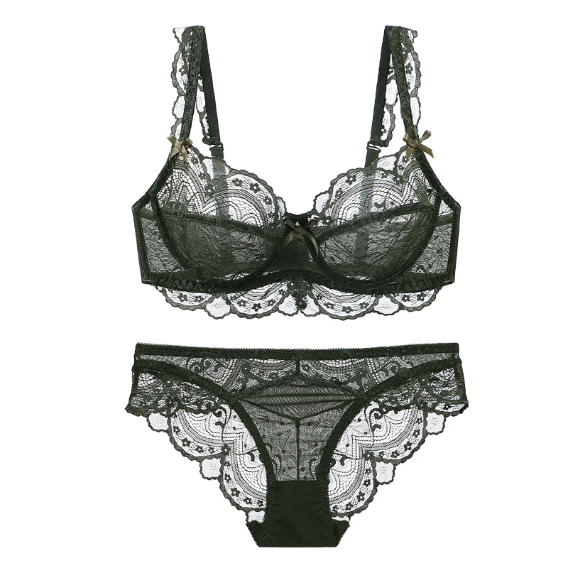

Plus size Sexy Lace Three-Breasted Bra Sets Transparent Three-Quarter Panties BC Cup 40C For Women Lingerie sexy bra and panties