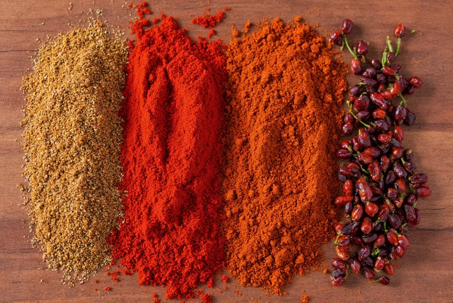 Various Mexican spices including smoked paprika, ancho chili, and chipotle peppers arranged on wooden table