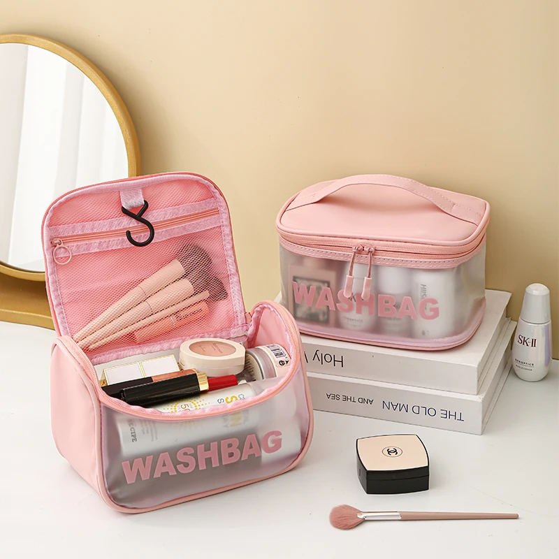 

Travel makeup bag large capacity waterproof toiletry cosmetic storage bag clear PVC hanging makeup cosmetic bag with handle