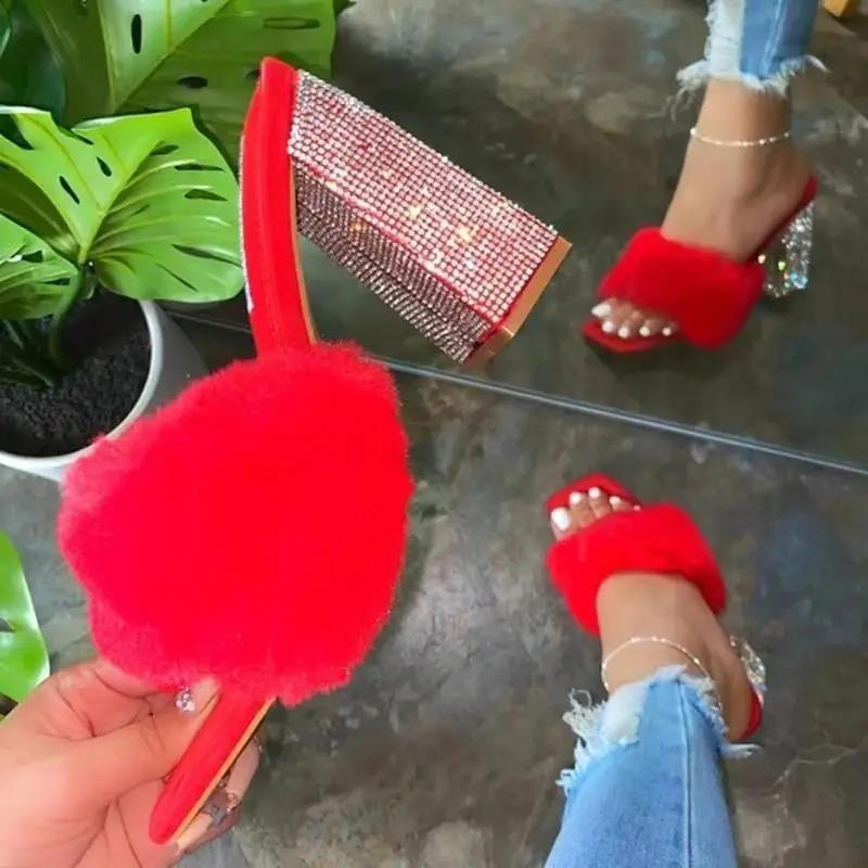 

JM fancy rhinestone heeled fur sandals for ladies 2021 slip on chunky heels square toe women high heel shoes, Mixed colors