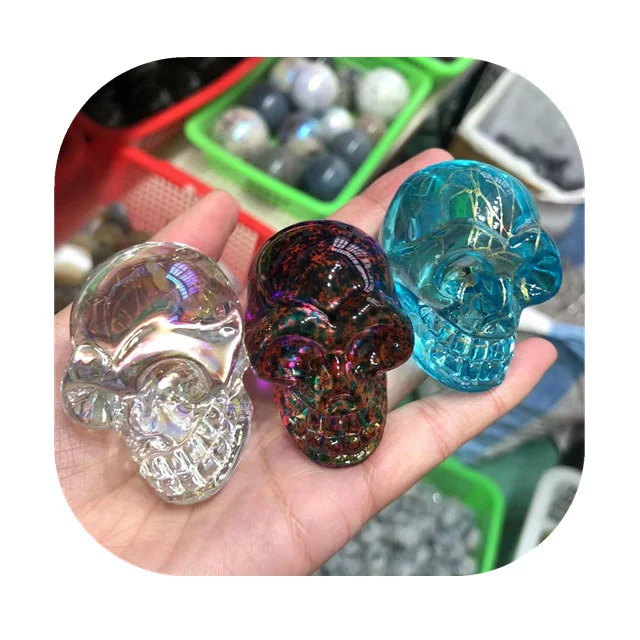 

Wholesale 50mm crystals crafts man made glass colorful aura quartz crystal skulls for gift