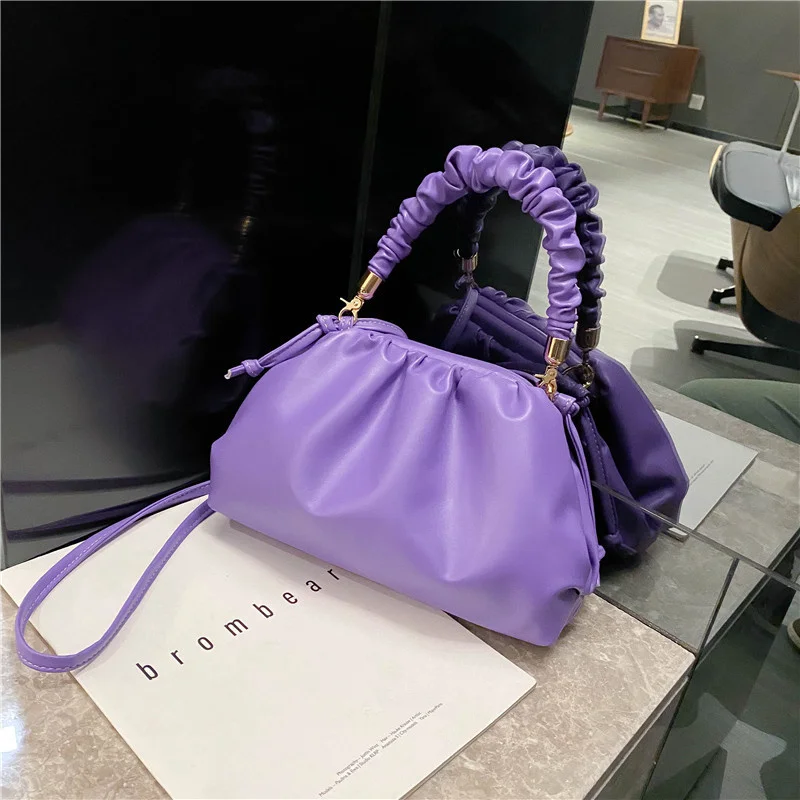 

2021 hot selling mini solid color pleated handle purse women handbags ladies pu leather shoulder crossbody cloud bag, 6colors