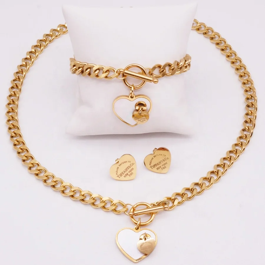 

Delicate OT Buckle Stainless Steel Mother Of Sheel Heart Gold Jewelry Set