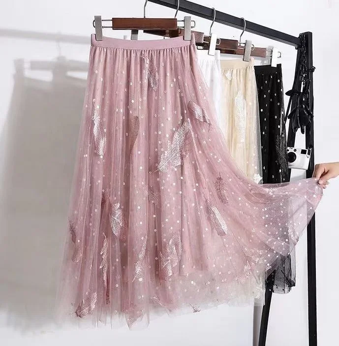 

New Fashion Women Mesh Pleated Skirts Ladies Long Maxi Dot Feather Embroidered Skirt Korean Version Slim A Word Big Swing Skirts, White,black,pink,gray,beige