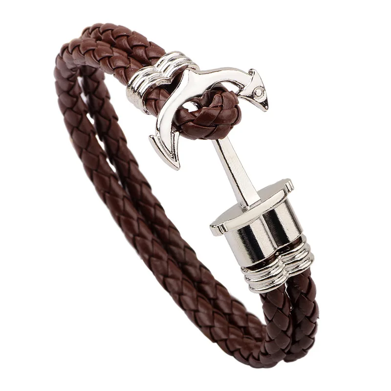 

Top Quality Handmade Sea Anchor Charm Leather Double Wrap Bracelet adjustable Leather Braid Anchor Bracelet