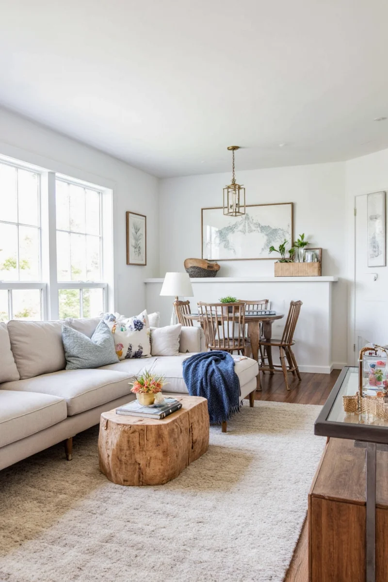 Cottage modern living room with wooden beams, white walls, and modern furniture.