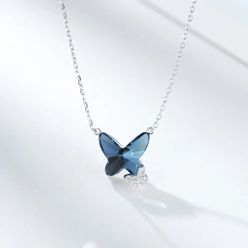 

S925 sterling silver necklace for ladies crystal simple butterfly pendant light luxury choker collarbone chain