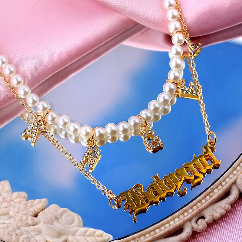

New Fashion Charm Jewelry For Women Girls Baroque Pearl Beaded Chokers Angel Letter Crystal Pendant Multilayer Babygirl Necklace, Gold color